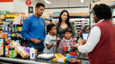 A family at the checkout line, looking confused as items like soda and candy are removed from their SNAP-eligible purchase - via GrokAI