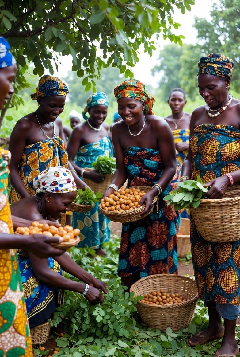 A group of African women in traditional clothing smiling and harvesting shea nuts and moringa leaves in a cooperative setting / via eurAI