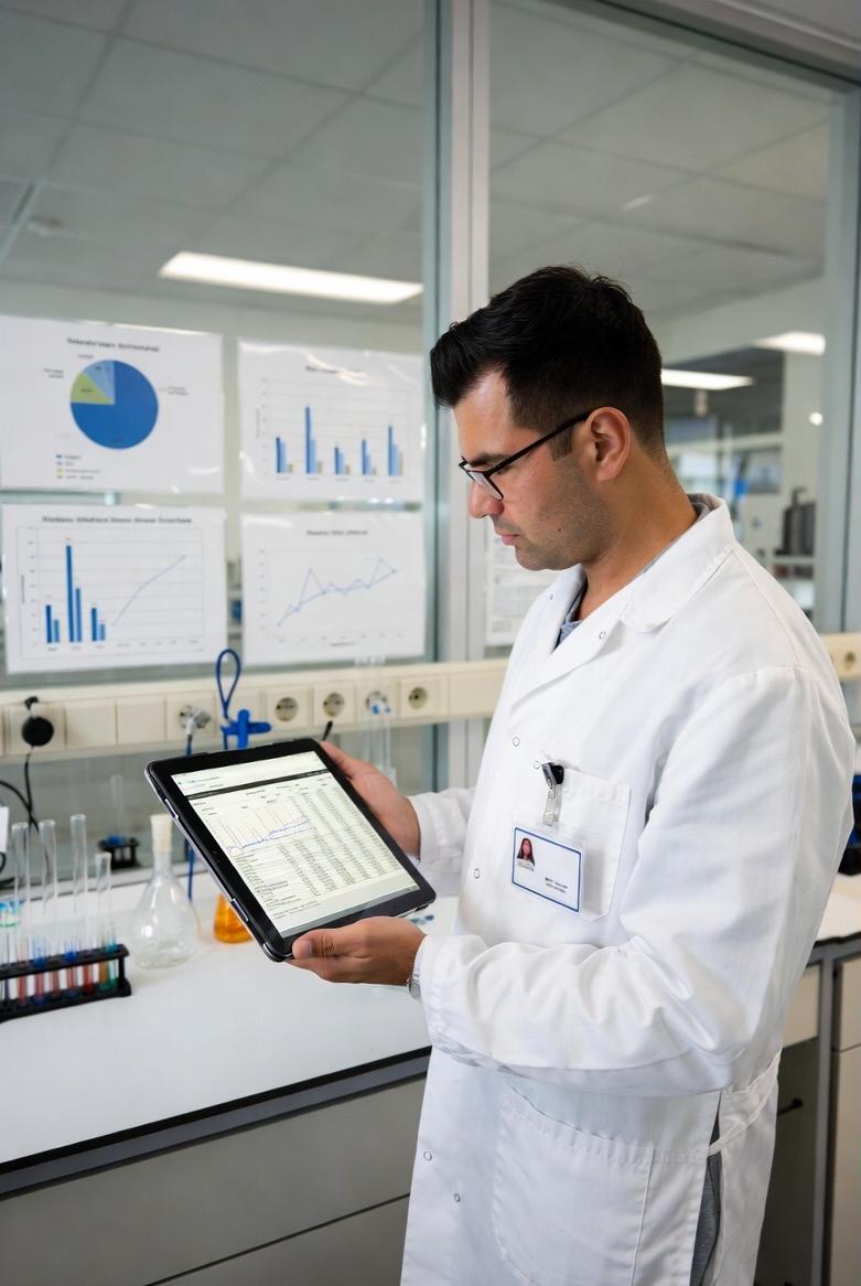 A male researcher in a modern chemistry lab, reviewing urine sample data on a digital tablet - via eurAI