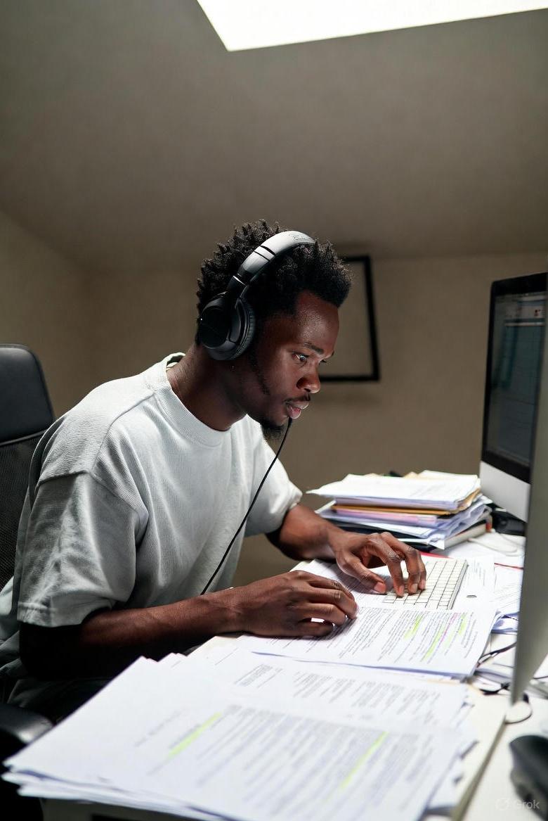 A modern Black artist sitting at a desk with headphones on, studying old music contracts