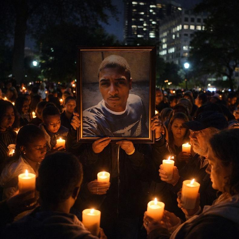 A nighttime candlelight vigil with community members holding candles and a large photo of Keith Porter Jr - via eurAI