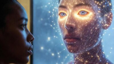 A person staring uneasily at a smart TV showing their own AI-generated avatar in a surreal ad scene