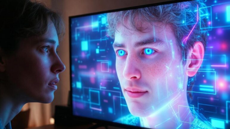 A person staring uneasily at a smart TV showing their own AI-generated avatar in a surreal ad scene