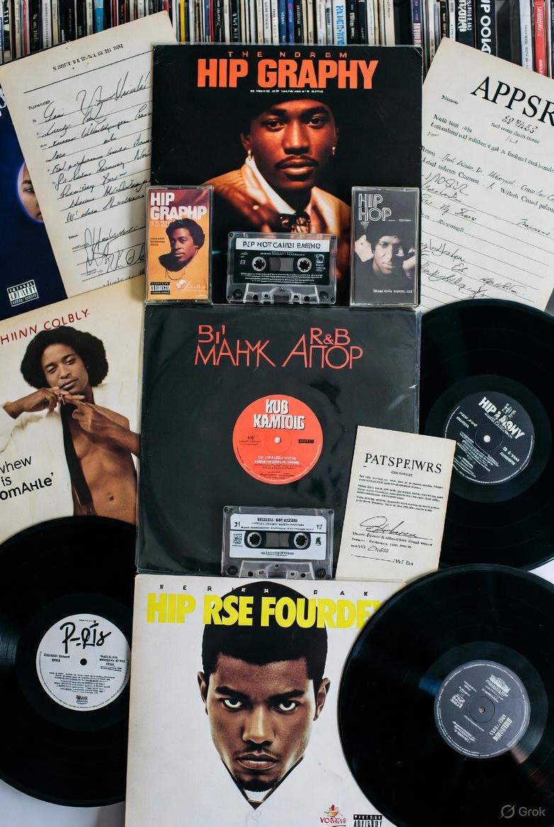 A photorealistic close-up of a vintage 1991 vinyl or cassette collection featuring hip-hop and R&B albums, with handwritten notes or contracts nearby - via GrokAI