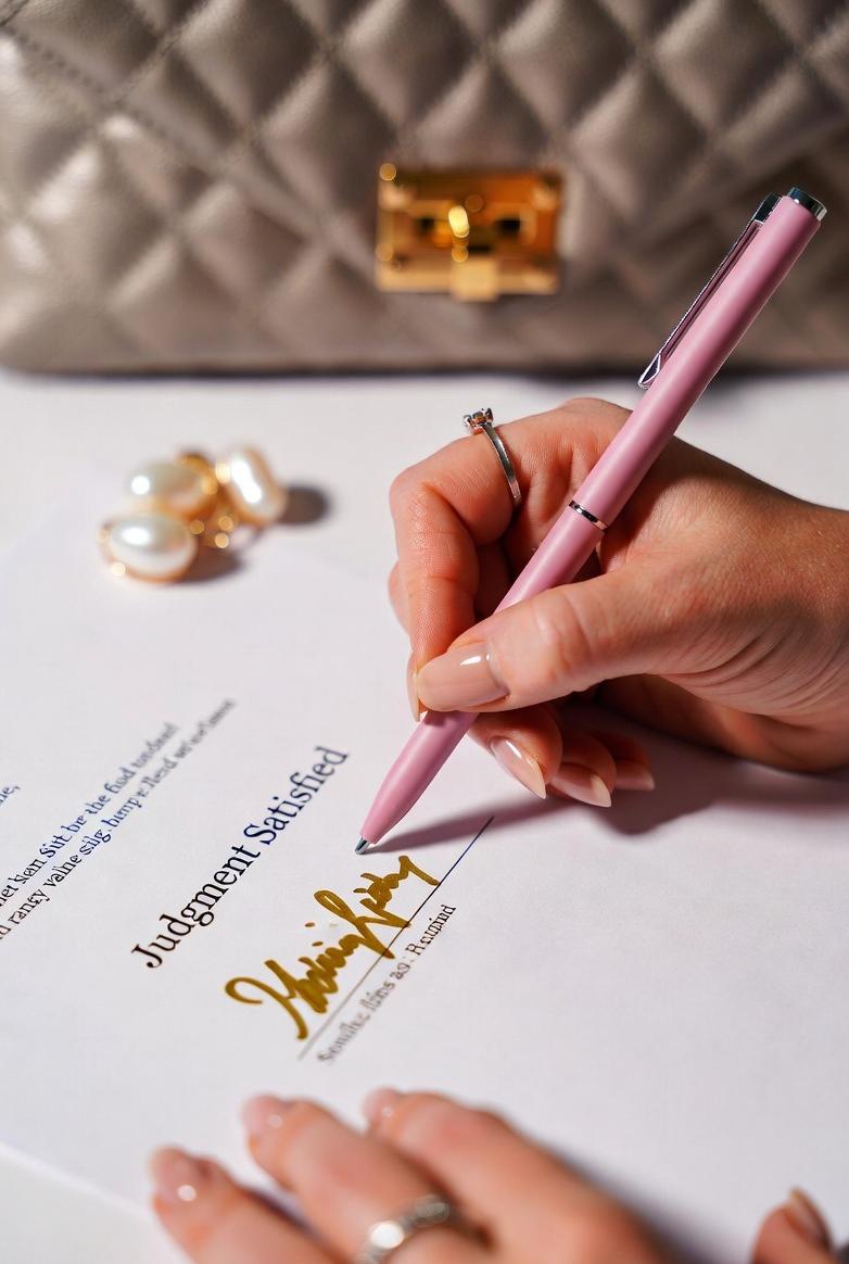 A pink pen signing a legal document titled 'Judgment Satisfied' - via eurAI