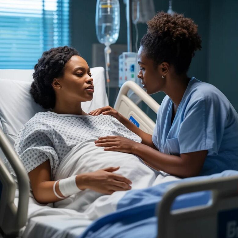 A maternity ward scene showing a Black woman being comforted by a nurse - via eurAI
