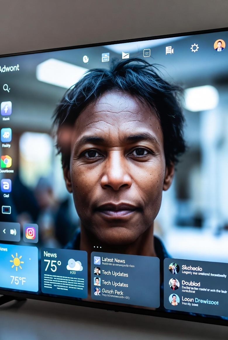 A smart TV interface displaying a futuristic AI screensaver with ad content, featuring a digital human avatar eerily resembling the viewer
