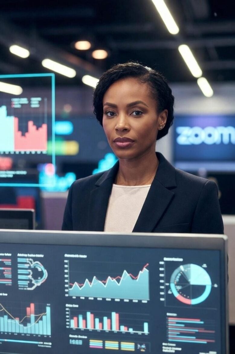 A solo business owner presenting a pitch with AI or data visualizations displayed - via eurAI