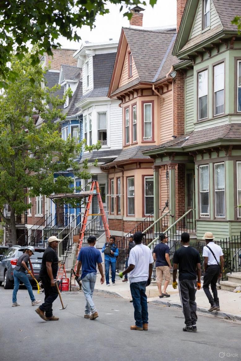 A street scene showing Black developers and contractors working together - via GrokAI