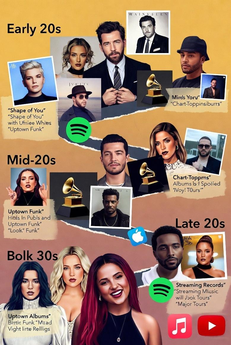 A timeline of millennial pop stars aging from their early 20s to late 30s, with each phase marked by different hit songs - via eurAI