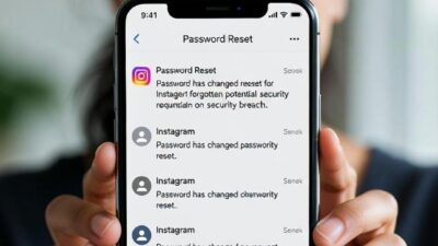 A user receiving multiple Instagram password reset emails on a smartphone, looking confused or concerned - via eurAI