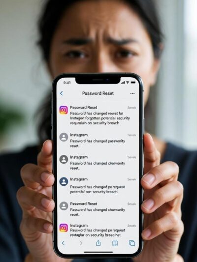 A user receiving multiple Instagram password reset emails on a smartphone, looking confused or concerned - via eurAI