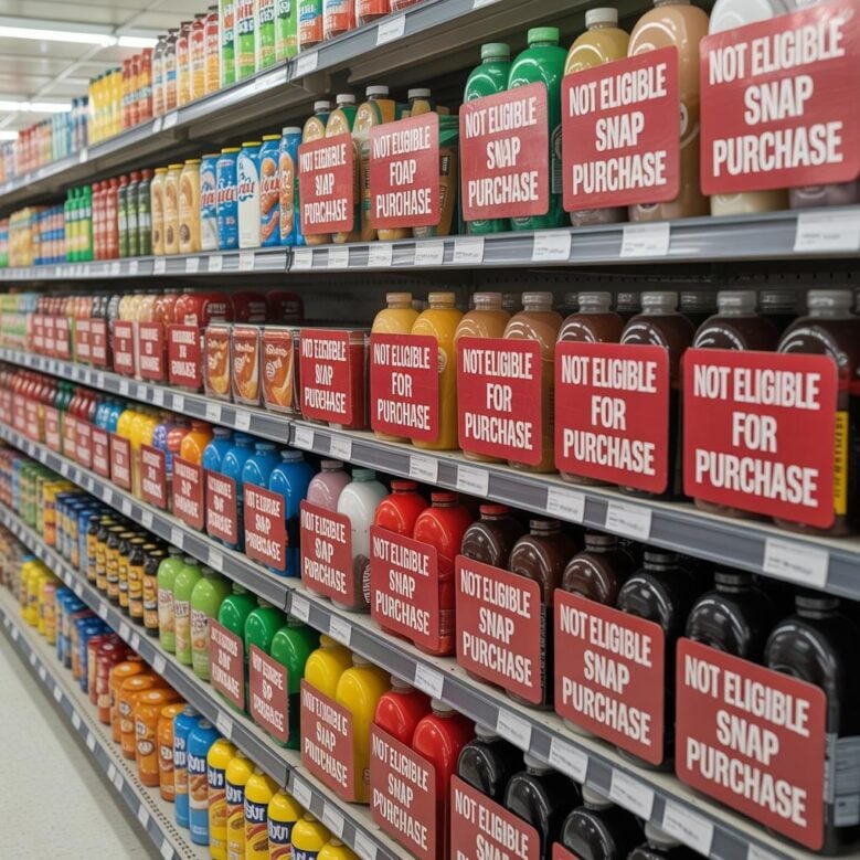 A visually clear lineup of banned food items on a grocery shelf, marked with red 'not eligible' tags - via eurAI