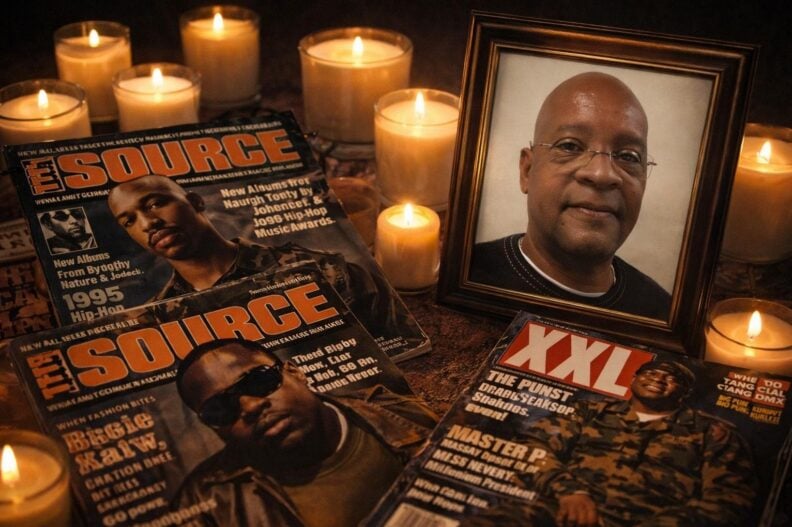 A collage of 1990s issues of The Source and XXL, laid out with candles and a framed image of James Bernard in tribute / via eurAI