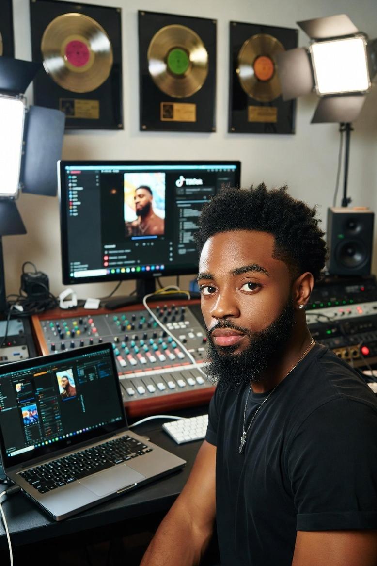 An african american millennial artist in a studio surrounded by streaming-era technology - via eurAI