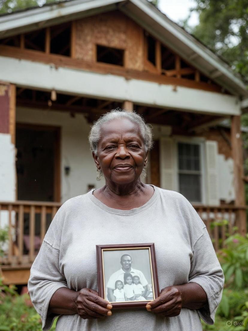 An elderly Black homeowner standing in front of her partially rebuilt home, holding a framed photo of family members - via GrokAI