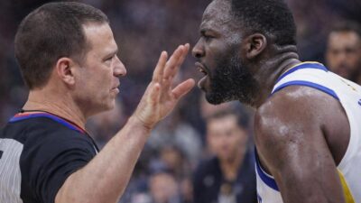 Photorealistic pic of white NBA ref with hand in Draymond Green's face - via eurAI