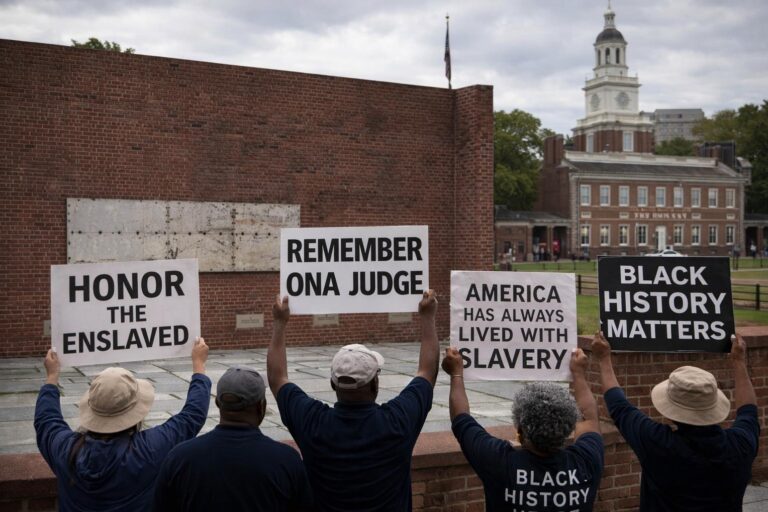 Protesters at the President's House site holding signs referencing slavery, Ona Judge, and Black history