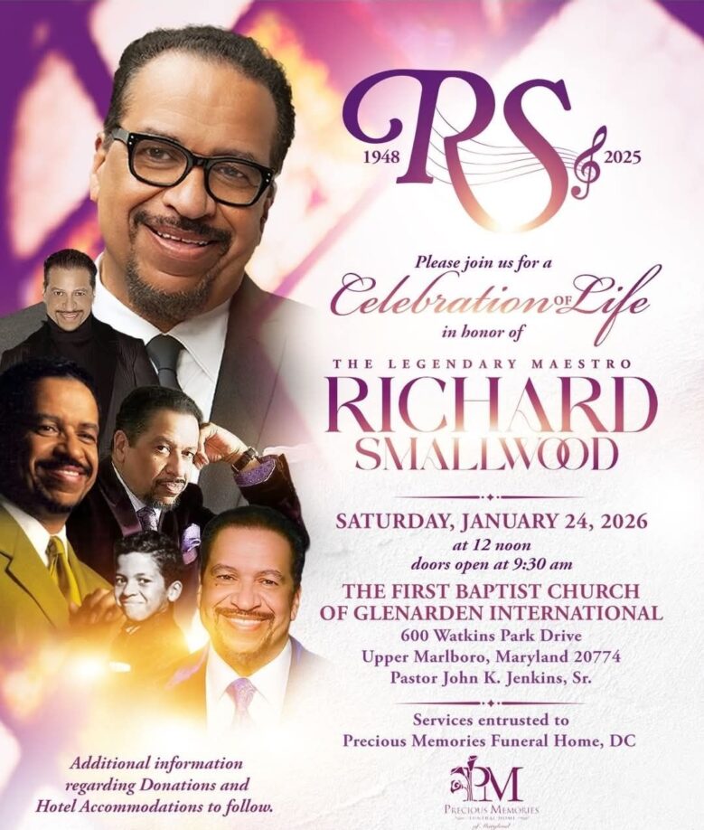 The funeral service for Richard Smallwood will be held in Maryland on January 26, 2026.