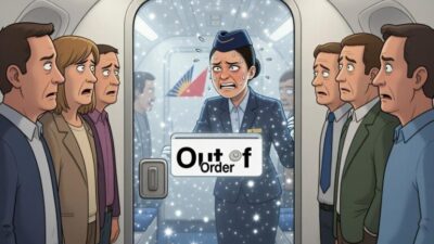 Airplane toilet labeled 'Out of Order,' with confused passengers & crew member sweating - via eurAI