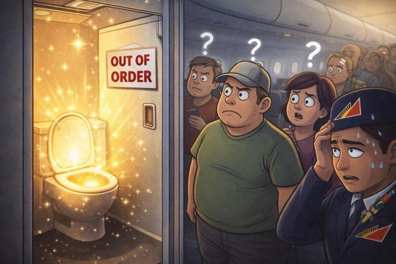 Airplane toilet labeled 'Out of Order,' with confused passengers & crew member sweating - via eurAI