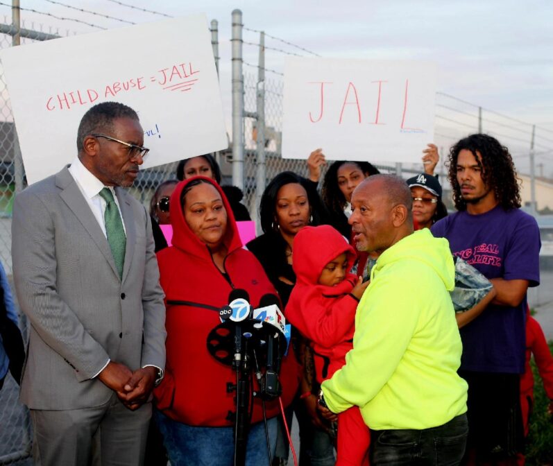 Attorney Austin Dove, Michelae Jones and Najee Ali of the National Action Network at Fridays press conference outside of Destiny Development Center