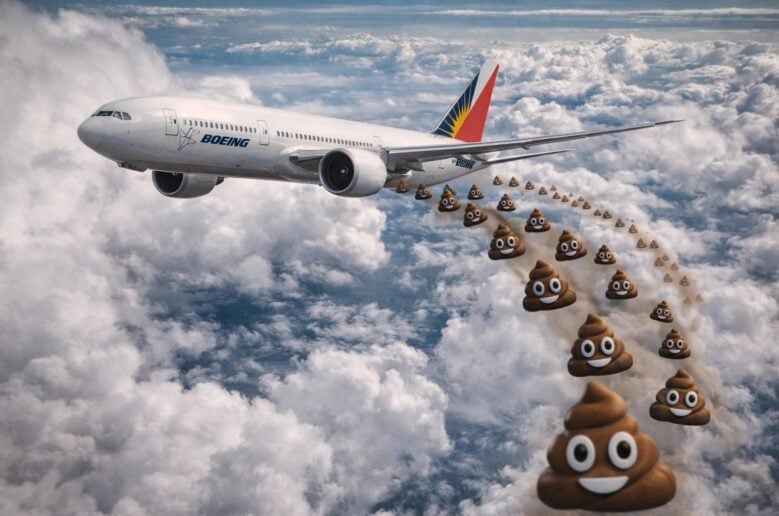 Exaggerated image of a PAL Boeing 777 flying through the clouds with tiny cartoon poop emojis trailing behind it - via eurAI