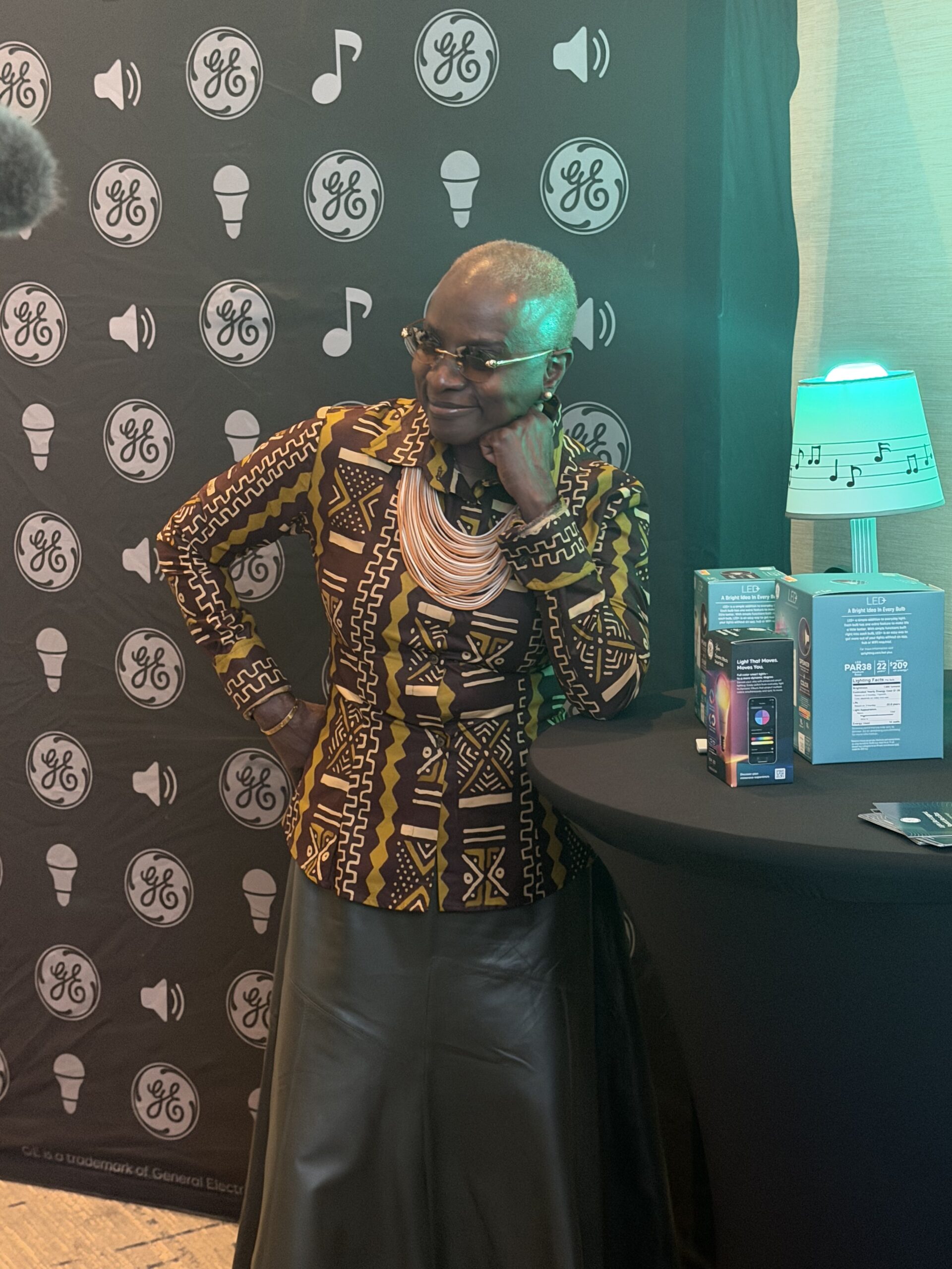 Multiple Grammy Award winner Angelique Kidjo with GE Lighting, (A Savant Company) at the Annual GBK Brand Bar at the Pre-Grammy Luxury Lounge. (Photo Credit: Jaclyn Gentilesco).