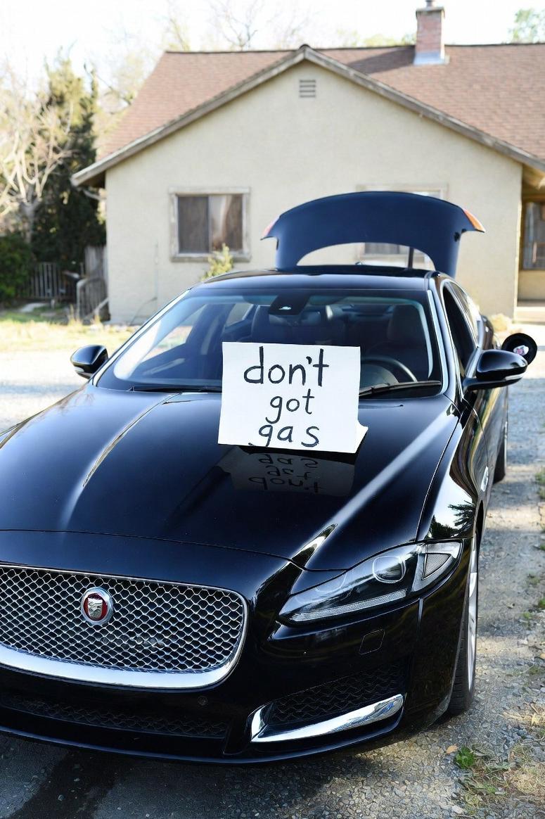 Jaguar with sign sign saying 'don't got gas' - via eurAI