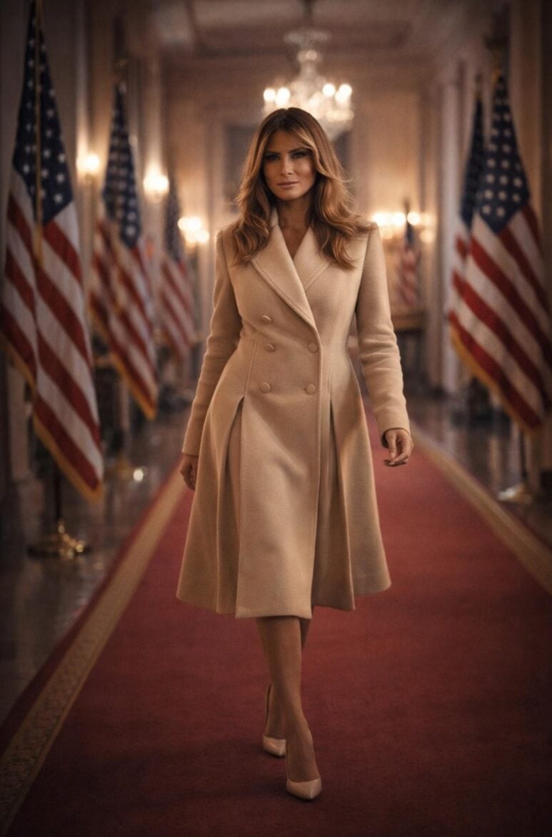 Melania Trump walking through a grand hallway in an elegant coat and heels - via eurAI