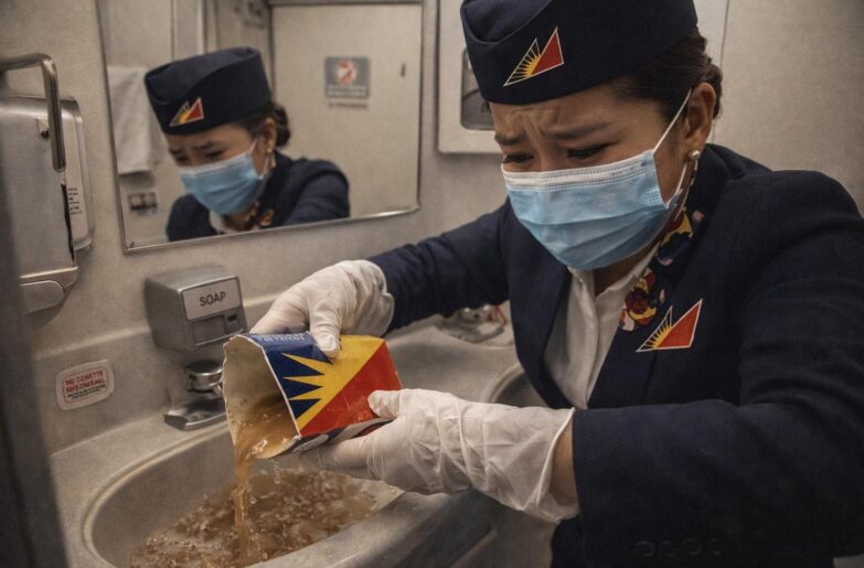 PAL flight attendant, visibly distressed, using a cut drink carton to scoop poop into a sink - via eurAI