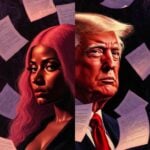 Photorealistic illustration of Nicki Minaj and Donald Trump looking serious with documents floating around them - via eurAI