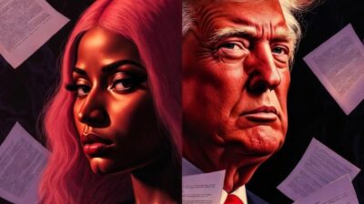 Photorealistic illustration of Nicki Minaj and Donald Trump looking serious with documents floating around them - via eurAI