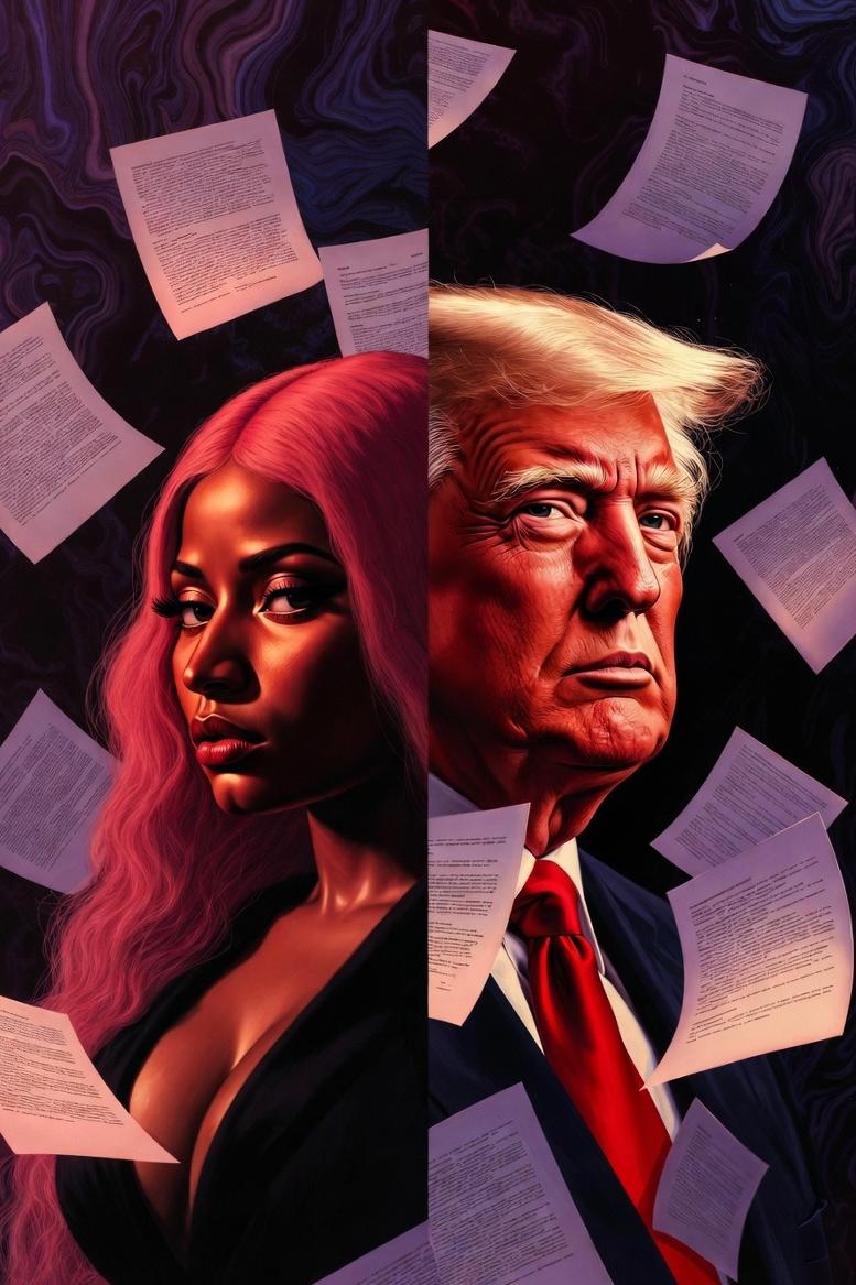 Photorealistic illustration of Nicki Minaj and Donald Trump looking serious with documents floating around them - via eurAI