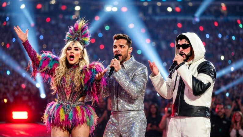 Photorealistic image of Lady Gaga and Ricky Martin joining Bad Bunny on stage during a high-energy halftime performance - via eurAI