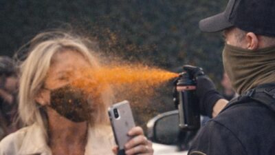Realistic scene showing a masked ICE agent pepper spraying a protester filming on her phone - via eurAI