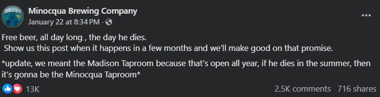 Brewery’s ‘free beer when he dies’ post aimed at Trump