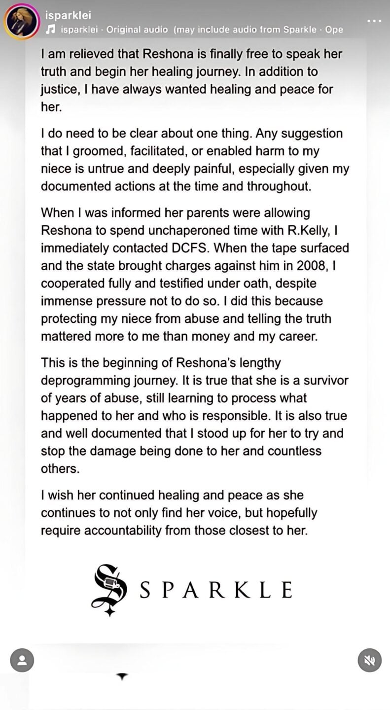 Sparkle's comment/response to niece Reshona regarding R Kelly