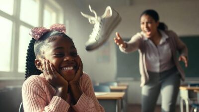 Teacher throwing sneaker shoe at young girl - via eurAI