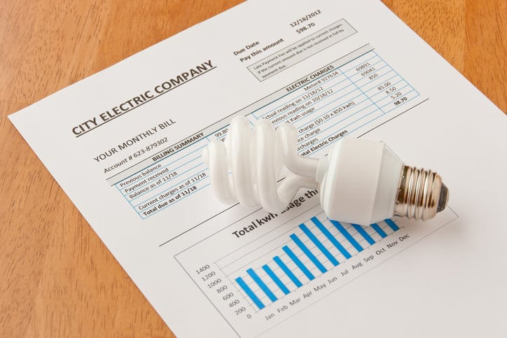 Energy efficient CFL bulb on electric bill. Energy efficient house concept.