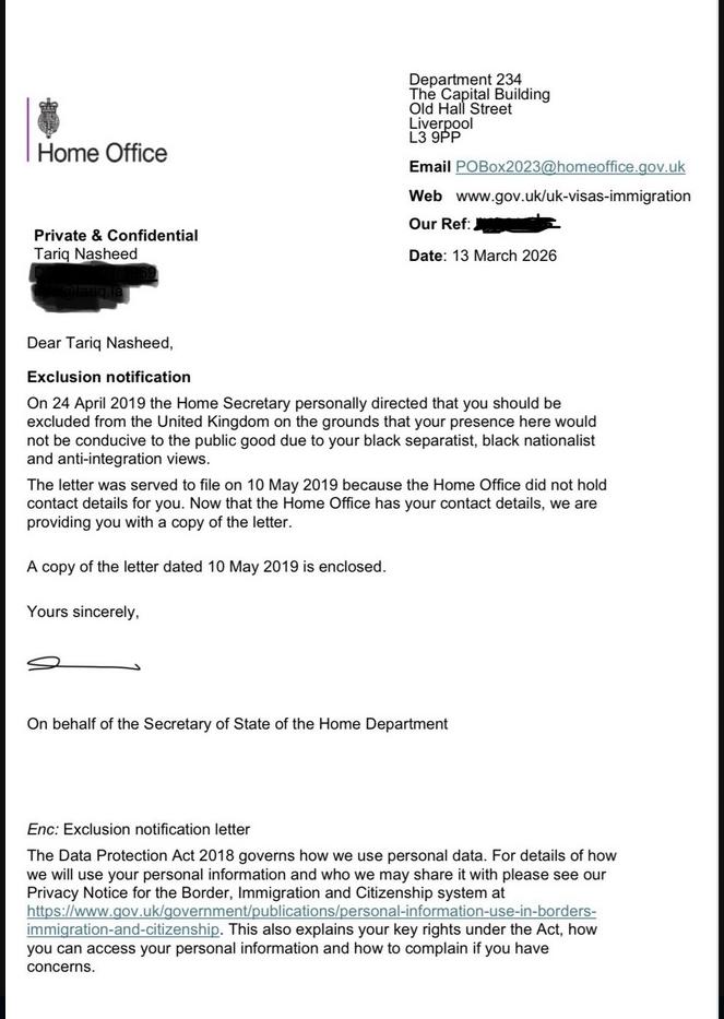 Tarik Nasheed travel rejection letter from UK Home Office