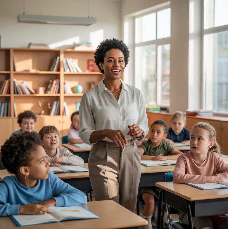 African American (female) teacher in schoolroom - via eurAI