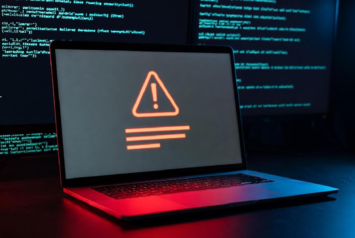 Cybersecurity breach alert on a dark, silent laptop screen -via eurAI
