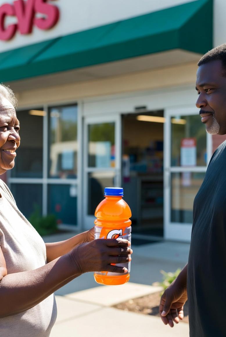 Elderly woman hands Gatorade to man outside store - via eurAI