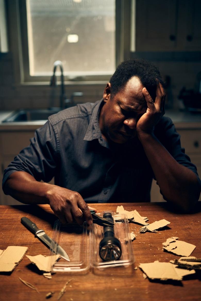 Frustrated man battles impossible flashlight packaging at home - via eurAI