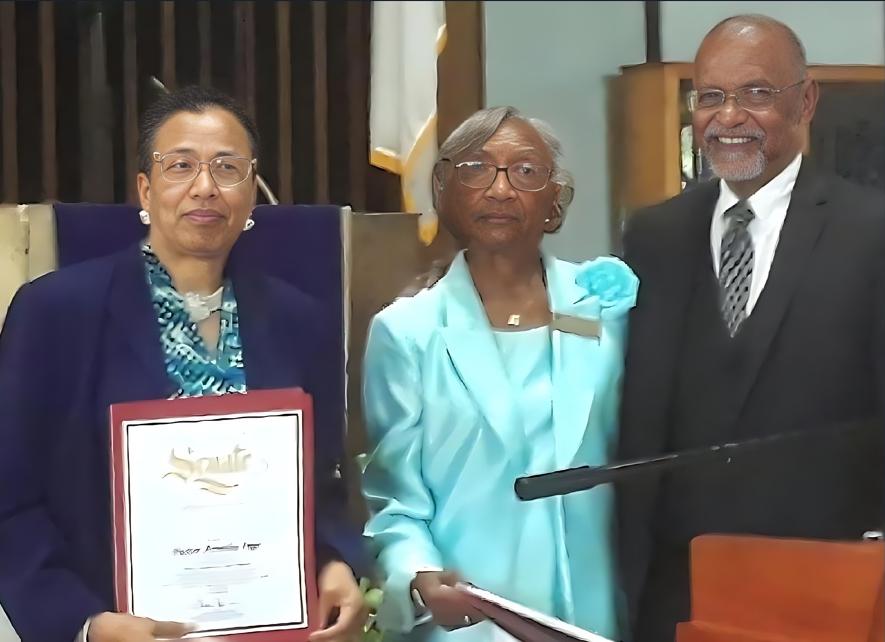 Pictured (L-R) holding proclamations from California State Senator Laura Richardson’s office, are Reverend Dr. Arnetha Inge, and Chair of the Anniversary Committee JoAnn Glasper, with Judge Filer. (Photo: Larry Buford)