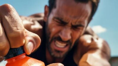 Man twists stubborn Gatorade cap with strained expression - via eurAI
