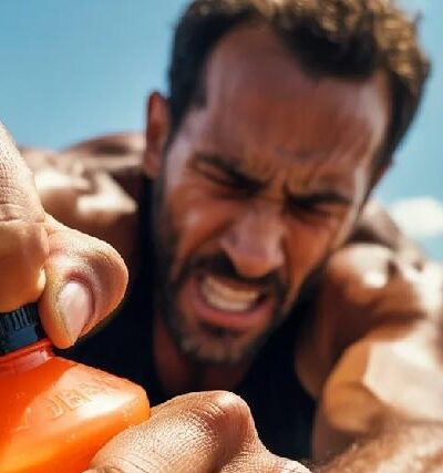 Man twists stubborn Gatorade cap with strained expression - via eurAI