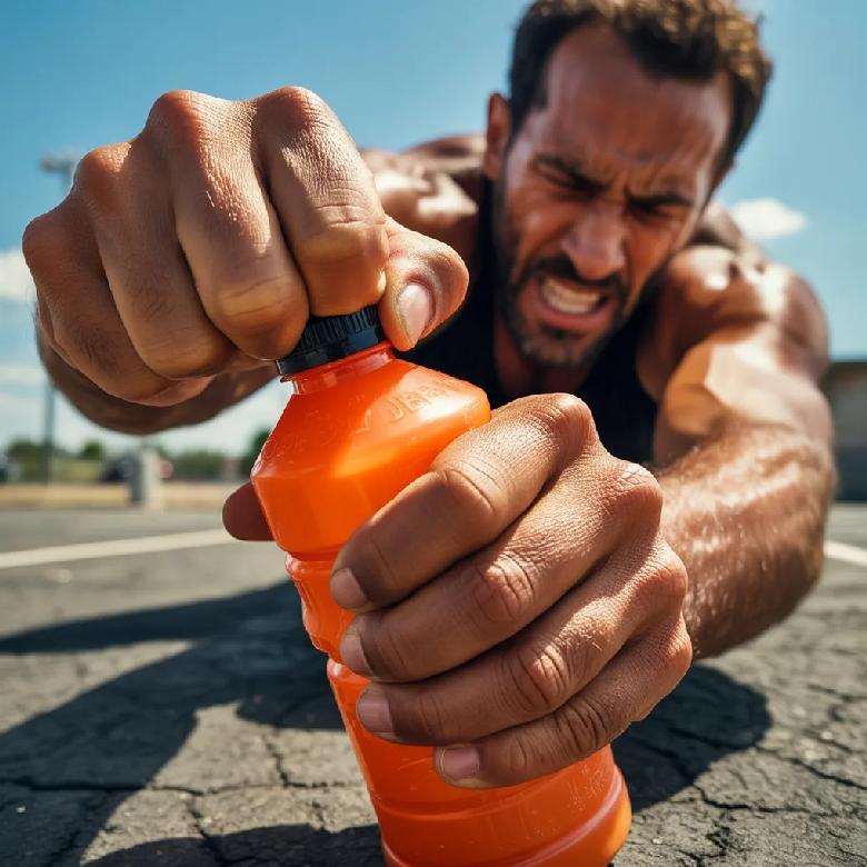 Man twists stubborn Gatorade cap with strained expression - via eurAI