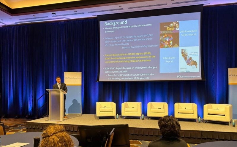 Michael A. Stoll, Professor of Public Policy at the UCLA Luskin School of Public Affairs, presents during the State of Black California convening - Photo by CBM